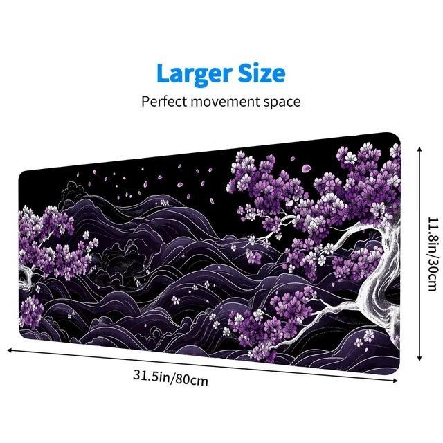 Alt view image 3 of 7 - Purple Cherry Blossoms Gaming Mouse Pad, Black and White Japanese Wave Mouse Pad Large Mousepad Extended Laptop Keyboard Mat Gaming Mouse Pad, Office Computer Keyboard Laptop Home, 31.5x11.8