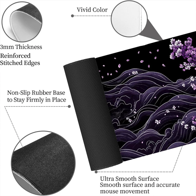 Alt view image 6 of 7 - Purple Cherry Blossoms Gaming Mouse Pad, Black and White Japanese Wave Mouse Pad Large Mousepad Extended Laptop Keyboard Mat Gaming Mouse Pad, Office Computer Keyboard Laptop Home, 31.5x11.8