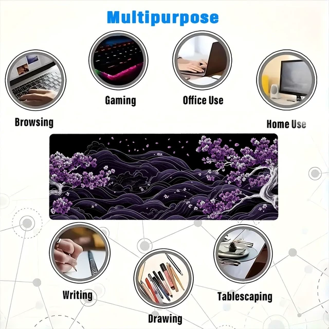 Alt view image 7 of 7 - Purple Cherry Blossoms Gaming Mouse Pad, Black and White Japanese Wave Mouse Pad Large Mousepad Extended Laptop Keyboard Mat Gaming Mouse Pad, Office Computer Keyboard Laptop Home, 31.5x11.8