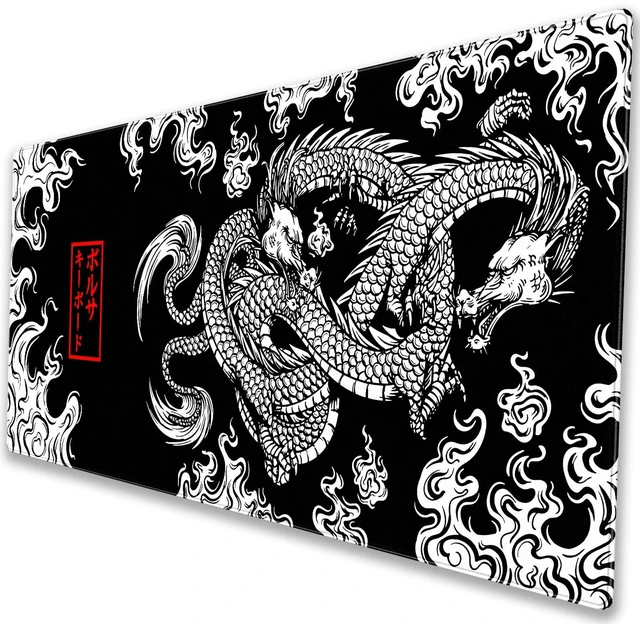 Main image of CindasunJapanese Dragon Gaming Mouse Pad XL Black and White Art Desk Mat | 31.5"x15.7" Ultra-Smooth Lycra Surface, Non-Slip Rubber Base, Stitched Edges Extended Computer Keyboard Pad for Desk & Gaming