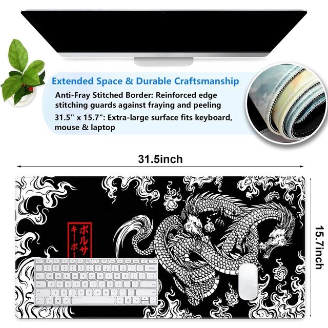 Alt view image 3 of 7 - CindasunJapanese Dragon Gaming Mouse Pad XL Black and White Art Desk Mat | 31.5"x15.7" Ultra-Smooth Lycra Surface, Non-Slip Rubber Base, Stitched Edges Extended Computer Keyboard Pad for Desk & Gaming