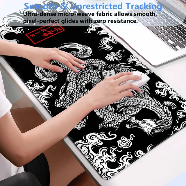 Alt view image 4 of 7 - CindasunJapanese Dragon Gaming Mouse Pad XL Black and White Art Desk Mat | 31.5"x15.7" Ultra-Smooth Lycra Surface, Non-Slip Rubber Base, Stitched Edges Extended Computer Keyboard Pad for Desk & Gaming