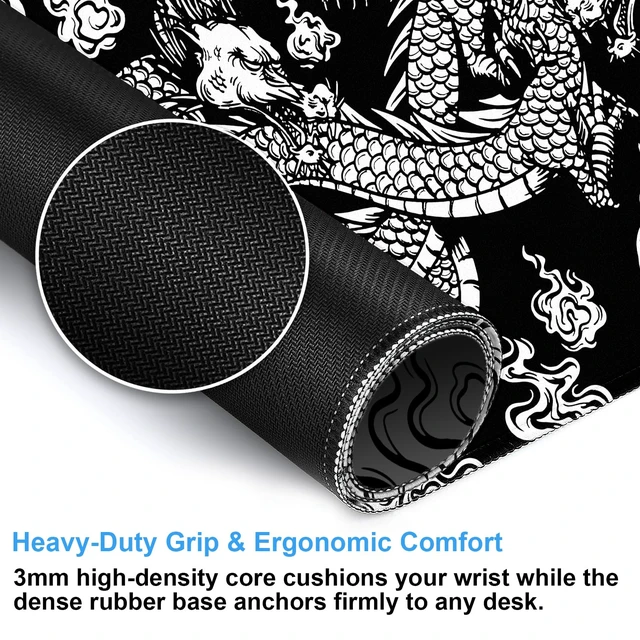Alt view image 5 of 7 - CindasunJapanese Dragon Gaming Mouse Pad XL Black and White Art Desk Mat | 31.5"x15.7" Ultra-Smooth Lycra Surface, Non-Slip Rubber Base, Stitched Edges Extended Computer Keyboard Pad for Desk & Gaming