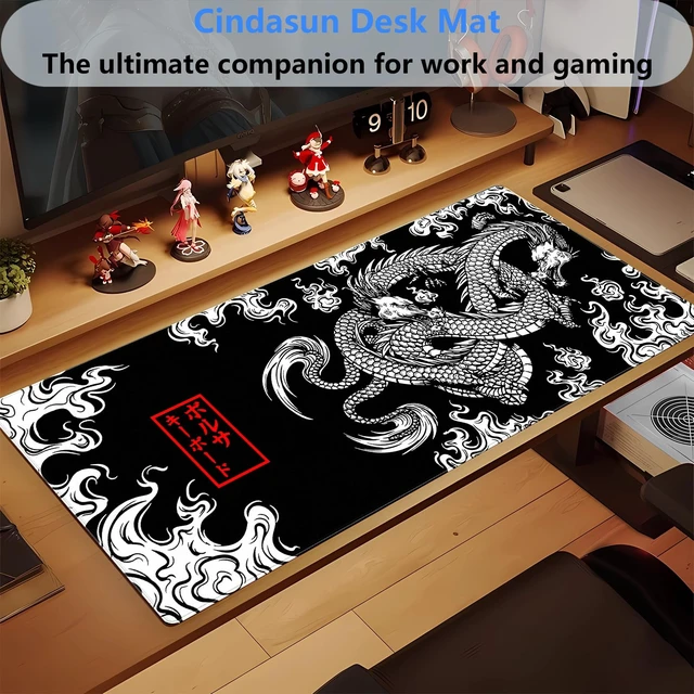 Alt view image 7 of 7 - CindasunJapanese Dragon Gaming Mouse Pad XL Black and White Art Desk Mat | 31.5"x15.7" Ultra-Smooth Lycra Surface, Non-Slip Rubber Base, Stitched Edges Extended Computer Keyboard Pad for Desk & Gaming