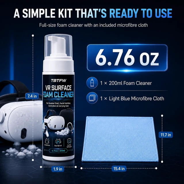 Alt view image 2 of 7 - VR Headset Surface Foam Cleaner Kit,Controlled Foam Surface Cleaner-6.76oz | with 30 x 30cm Microfiber Cloth for Headset Shells, Controllers, Carrying Cases and Compatible Face Covers