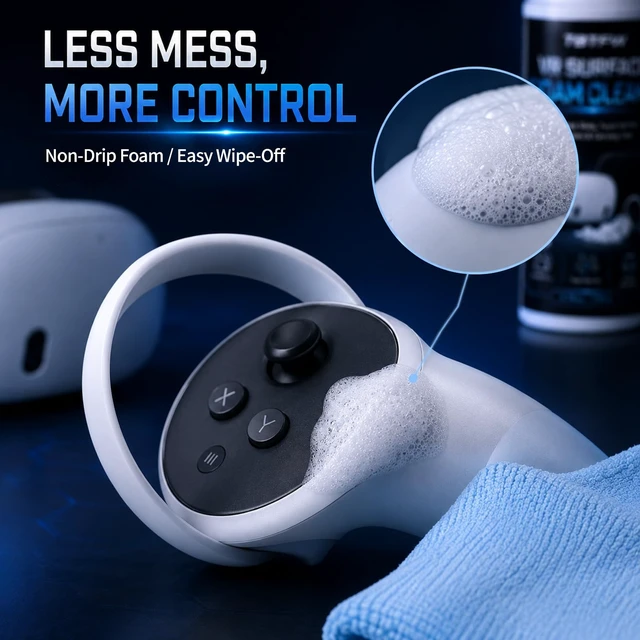 Alt view image 6 of 7 - VR Headset Surface Foam Cleaner Kit,Controlled Foam Surface Cleaner-6.76oz | with 30 x 30cm Microfiber Cloth for Headset Shells, Controllers, Carrying Cases and Compatible Face Covers