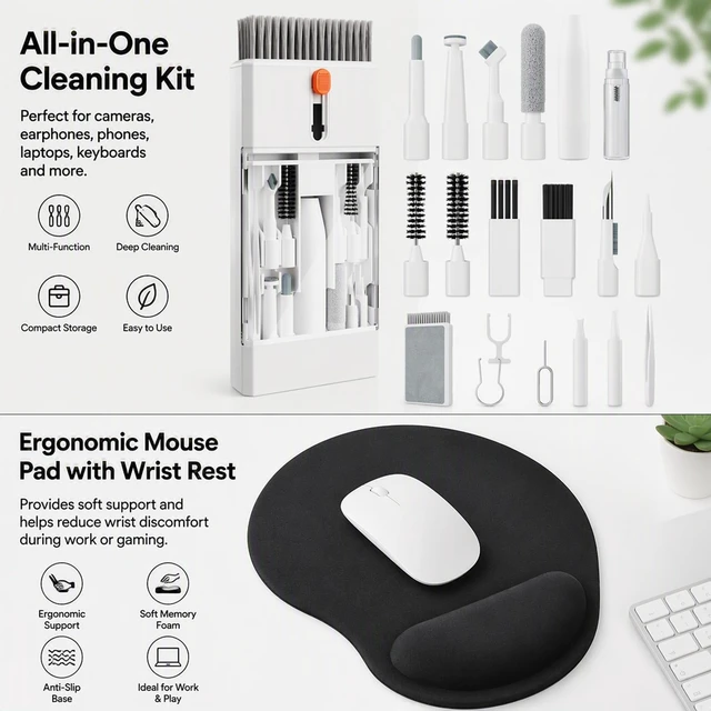 Alt view image 3 of 7 - Office Desk Cleaning Bundle - Computer Cleaning - Wrist Rest Mouse Pad | Electronics Cleaning Kit - Device Cleaning Kit - Ergonomic Mouse Pad - Workspace Hygiene - Office Workers - Soft Bristles