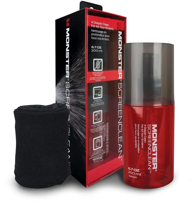 Main image of Monster Screen Cleaner Kit with Microfiber Cloth, 6.7 oz (200 mL) Monitor Cleaning Spray for HDTVs, Laptops, Tablets, Smartphones and Eyeglasses, White/Black/Red