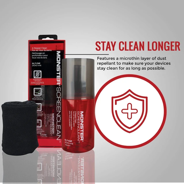 Alt view image 3 of 6 - Monster Screen Cleaner Kit with Microfiber Cloth, 6.7 oz (200 mL) Monitor Cleaning Spray for HDTVs, Laptops, Tablets, Smartphones and Eyeglasses, White/Black/Red