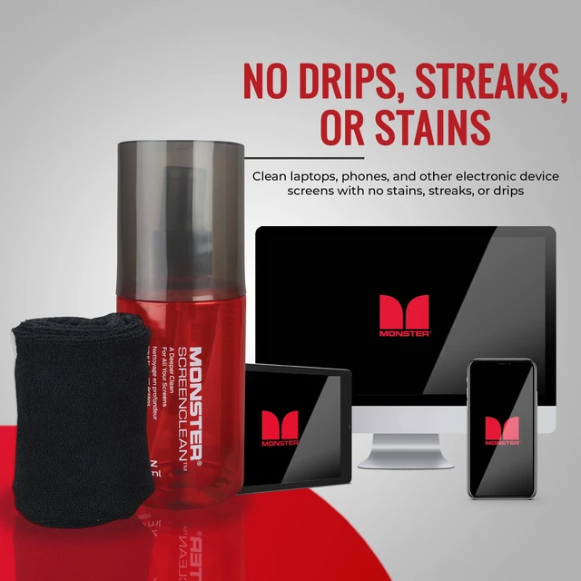 Alt view image 4 of 6 - Monster Screen Cleaner Kit with Microfiber Cloth, 6.7 oz (200 mL) Monitor Cleaning Spray for HDTVs, Laptops, Tablets, Smartphones and Eyeglasses, White/Black/Red