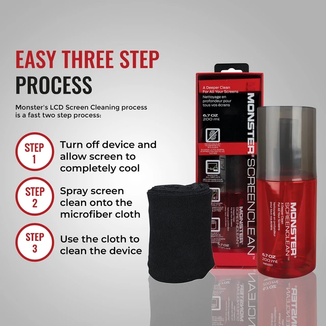 Alt view image 5 of 6 - Monster Screen Cleaner Kit with Microfiber Cloth, 6.7 oz (200 mL) Monitor Cleaning Spray for HDTVs, Laptops, Tablets, Smartphones and Eyeglasses, White/Black/Red