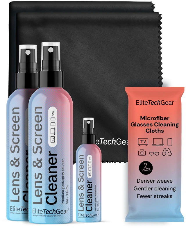 Main image of Elite Tech Gear 2-pc Eyeglass Cleaning Cloth, 3-pc Glasses Cleaner Spray | Streak-Free Microfiber Cleaning Cloth - XL Eye Glass Clean Cloths - Glasses Cleaning Cloth - Coated Lens Cleaning Cloth