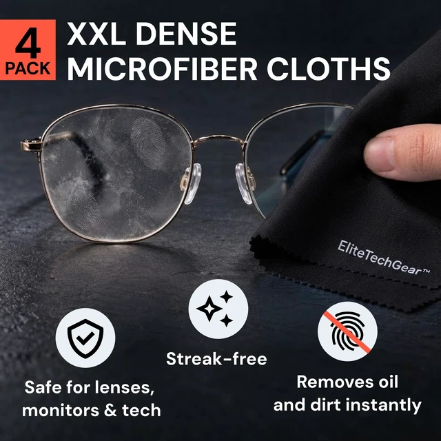 Alt view image 2 of 7 - Elite Tech Gear 2-pc Eyeglass Cleaning Cloth, 3-pc Glasses Cleaner Spray | Streak-Free Microfiber Cleaning Cloth - XL Eye Glass Clean Cloths - Glasses Cleaning Cloth - Coated Lens Cleaning Cloth