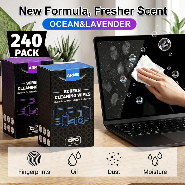 Alt view image 2 of 7 - Arme Computer Screen Cleaner Wipes,Individually Wrapped,240 PCS | Streak-Free&Scratch-Free Screen Wipes for Electronics,Monitors,Phones,Tech,Laptops, Computers, Ocean&Lavender Scent