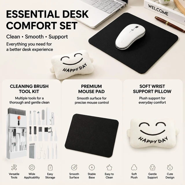 Alt view image 3 of 7 - Computer Cleaning Set - Keyboard Cleaning Kit - Mouse Pad - Wrist Rest | Workspace Accessories - Electronics Maintenance Tools - Leather Surface - Typing Cushion - Workplace Professionals