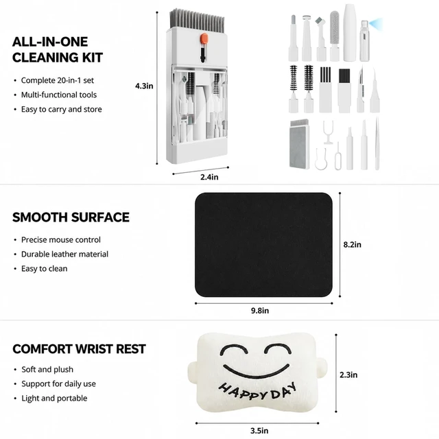 Alt view image 2 of 7 - Computer Cleaning Set - Keyboard Cleaning Kit - Mouse Pad - Wrist Rest | Workspace Accessories - Electronics Maintenance Tools - Leather Surface - Typing Cushion - Workplace Professionals