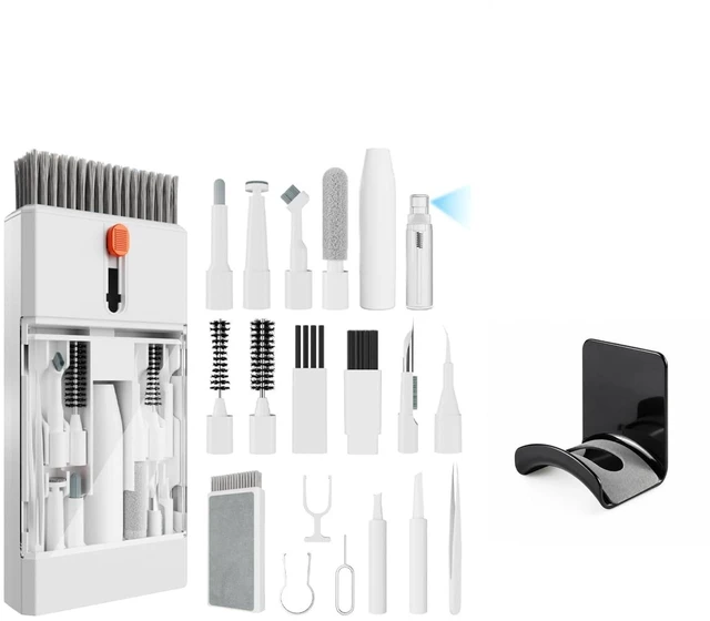 Main image of Cleaning Tool Kit with Tweezers, Brushes and Adhesive Headphone Holder | Desk Cleaning and Organizing Set for Phones, Keyboards, Laptops and Headphones at Home or in the Office