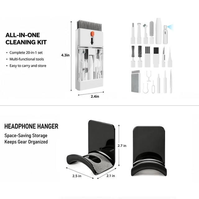 Alt view image 2 of 7 - Cleaning Tool Kit with Tweezers, Brushes and Adhesive Headphone Holder | Desk Cleaning and Organizing Set for Phones, Keyboards, Laptops and Headphones at Home or in the Office