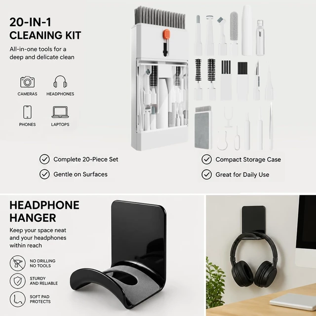 Alt view image 3 of 7 - Cleaning Tool Kit with Tweezers, Brushes and Adhesive Headphone Holder | Desk Cleaning and Organizing Set for Phones, Keyboards, Laptops and Headphones at Home or in the Office