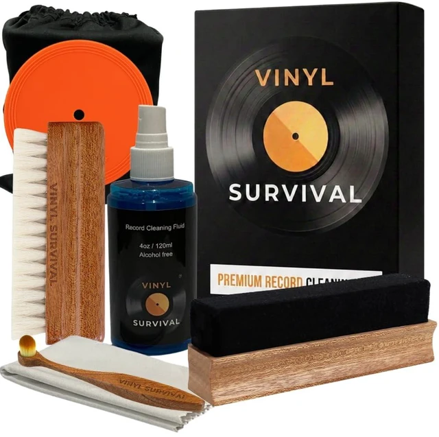 Main image of Vinyl Survival 7-in-1 Record Cleaning Kit, Premium Vinyl Record Cleaner Kit | Mahogany Hardwood, Anti-Static Velvet & Goat Hair Brushes, Stylus Brush,Cleaner Fluid,Cloth,Label Protector, Storage Pouch
