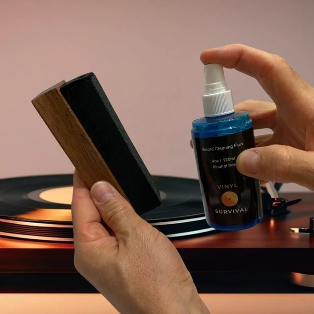 Alt view image 6 of 7 - Vinyl Survival 7-in-1 Record Cleaning Kit, Premium Vinyl Record Cleaner Kit | Mahogany Hardwood, Anti-Static Velvet & Goat Hair Brushes, Stylus Brush,Cleaner Fluid,Cloth,Label Protector, Storage Pouch