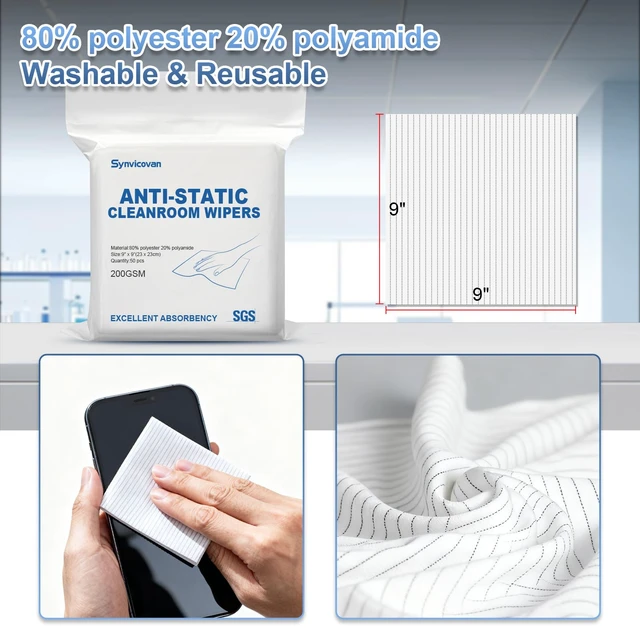 Alt view image 3 of 7 - Synvicovan Anti-Static Microfiber cloths 9"x9"(50 Pcs,200GSM) | Lint Free Cloths,Reusable,Special ESD Protection Design is Suitable for Protecting Sensitive Electronic Components and Tools