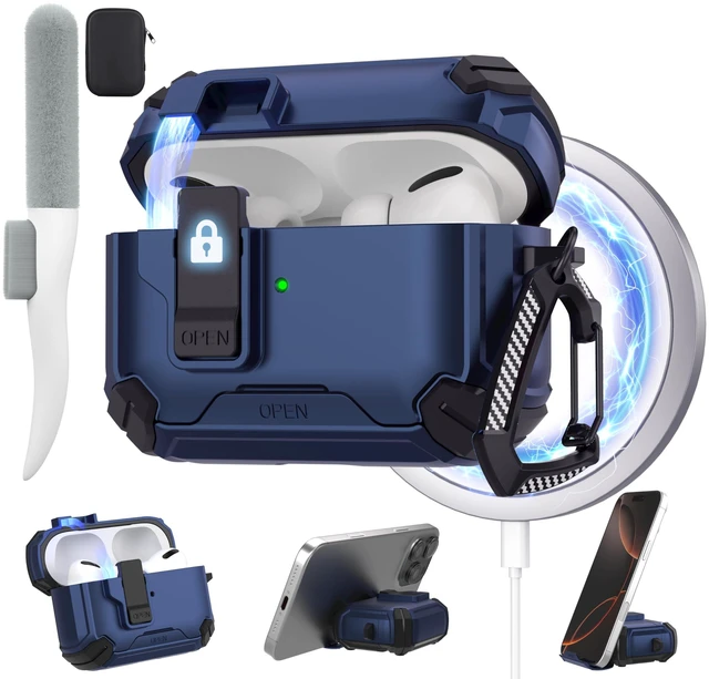 Main image of for AirPods Pro 3 Case with Magnetic Lock, Magsafe Compatible, Dark Blue | Phone Stand Design, Automatic Snap Switch Secure Cover with Cleaning Kit & Keychain, Shockproof Protective Cover
