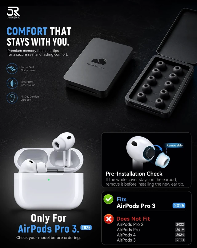 Alt view image 2 of 6 - joremx Memory Foam Replacement Ear Tips for AirPods Pro 3 (Medium)-Black | 5 Pairs Soft Noise Cancelling Replacement Earplugs with Portable Storage Case Box&Cleaning kit