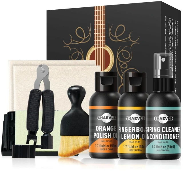Main image of SHAEVLE Guitar Cleaning Kit for Acoustic & Electric Guitar | Orange Polish Oil, Fingerboard Lemon Oil, String Cleaner, Guitar String Winder, String Brush, Cleaning Cloth
