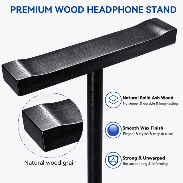 Alt view image 5 of 7 - Dual Headphone Stand for Desk, Wood Headset Holder with Storage Base, Black | Easy Install, Solid Ash Wood, Holds 2 Headsets, Stable Anti-Tip Base,Fits for All Headsets Desk Holder for Gaming & Office