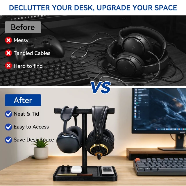 Alt view image 2 of 7 - Dual Headphone Stand for Desk, Wood Headset Holder with Storage Base, Black | Easy Install, Solid Ash Wood, Holds 2 Headsets, Stable Anti-Tip Base,Fits for All Headsets Desk Holder for Gaming & Office