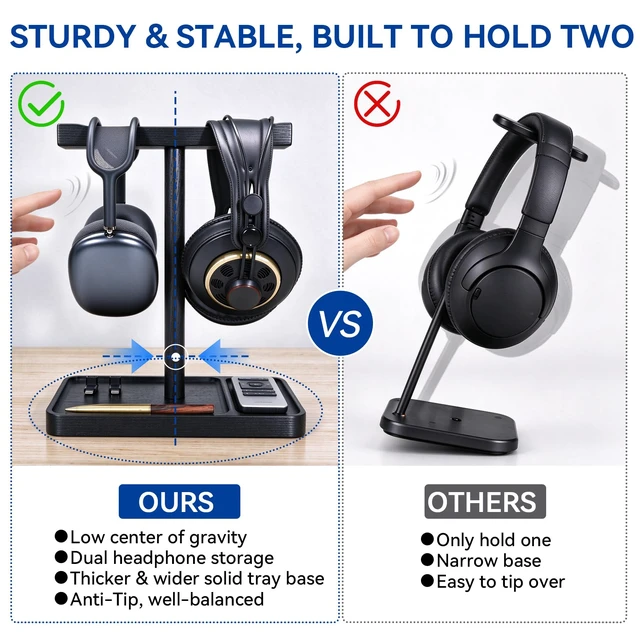 Alt view image 3 of 7 - Dual Headphone Stand for Desk, Wood Headset Holder with Storage Base, Black | Easy Install, Solid Ash Wood, Holds 2 Headsets, Stable Anti-Tip Base,Fits for All Headsets Desk Holder for Gaming & Office