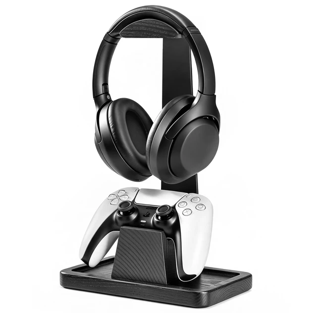 Main image of UPERGO Solid Wood Headphone Stand with Controller Holder for Desk | Natural Solid Wood, Holds 1 Headset & 1 Controller, Gamer Gifts for Men, Gaming Desk Accessories for PS5/Xbox/Switch