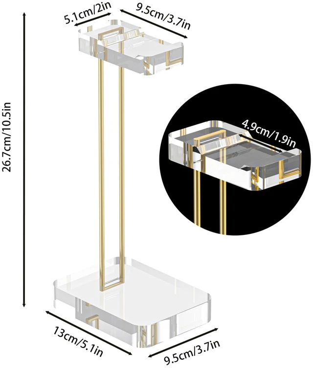 Alt view image 2 of 7 - CHEENYA Acrylic Headphone Stand for Desk, Crystal Clear Headset Holder with Gold Metal Accent, Stable Non-Slip Base, Universal Gaming Headphone Hanger for PC Setup, Office & Home Desk Accessories