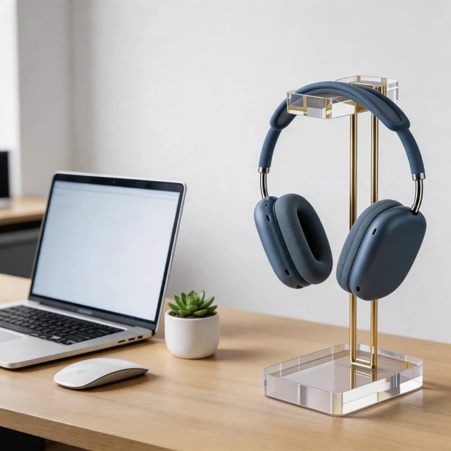 Alt view image 3 of 7 - CHEENYA Acrylic Headphone Stand for Desk, Crystal Clear Headset Holder with Gold Metal Accent, Stable Non-Slip Base, Universal Gaming Headphone Hanger for PC Setup, Office & Home Desk Accessories