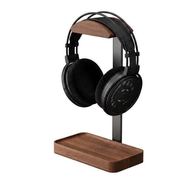 Main image of celestree Walnut Headphone Stand with Tray, Wooden Desk Organizer | Solid Walnut Wood · Built-in Storage Tray · Stable Aluminium Frame · Space-Saving Desk Design