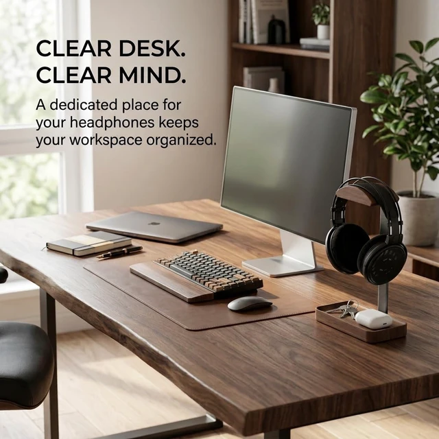 Alt view image 2 of 7 - celestree Walnut Headphone Stand with Tray, Wooden Desk Organizer | Solid Walnut Wood · Built-in Storage Tray · Stable Aluminium Frame · Space-Saving Desk Design