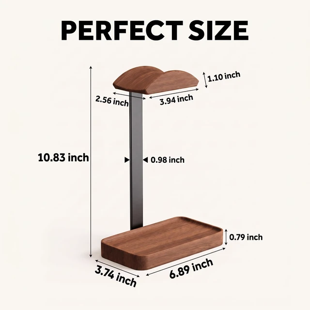 Alt view image 3 of 7 - celestree Walnut Headphone Stand with Tray, Wooden Desk Organizer | Solid Walnut Wood · Built-in Storage Tray · Stable Aluminium Frame · Space-Saving Desk Design
