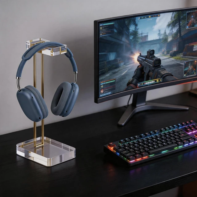 Alt view image 4 of 7 - CHEENYA Acrylic Headphone Stand for Desk, Crystal Clear Headset Holder with Gold Metal Accent, Stable Non-Slip Base, Universal Gaming Headphone Hanger for PC Setup, Office & Home Desk Accessories