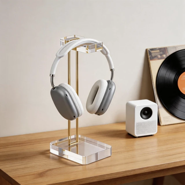 Alt view image 5 of 7 - CHEENYA Acrylic Headphone Stand for Desk, Crystal Clear Headset Holder with Gold Metal Accent, Stable Non-Slip Base, Universal Gaming Headphone Hanger for PC Setup, Office & Home Desk Accessories