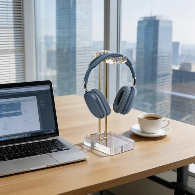 Alt view image 6 of 7 - CHEENYA Acrylic Headphone Stand for Desk, Crystal Clear Headset Holder with Gold Metal Accent, Stable Non-Slip Base, Universal Gaming Headphone Hanger for PC Setup, Office & Home Desk Accessories