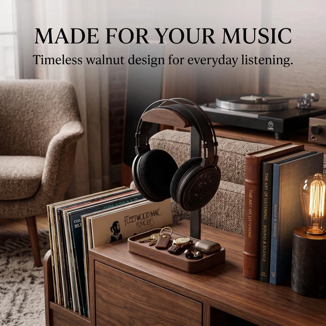 Alt view image 4 of 7 - celestree Walnut Headphone Stand with Tray, Wooden Desk Organizer | Solid Walnut Wood · Built-in Storage Tray · Stable Aluminium Frame · Space-Saving Desk Design