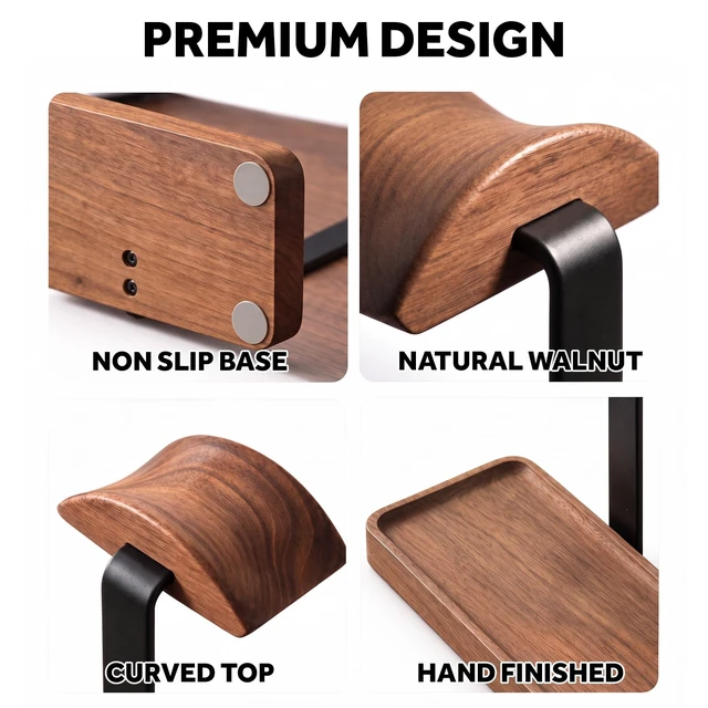 Alt view image 5 of 7 - celestree Walnut Headphone Stand with Tray, Wooden Desk Organizer | Solid Walnut Wood · Built-in Storage Tray · Stable Aluminium Frame · Space-Saving Desk Design