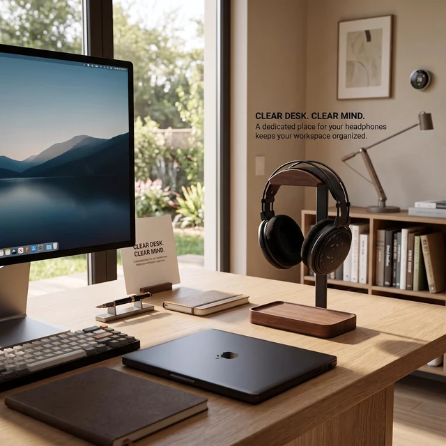 Alt view image 6 of 7 - celestree Walnut Headphone Stand with Tray, Wooden Desk Organizer | Solid Walnut Wood · Built-in Storage Tray · Stable Aluminium Frame · Space-Saving Desk Design