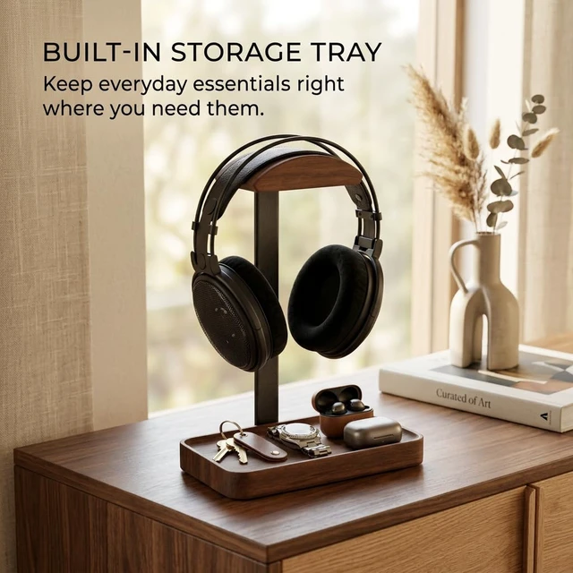 Alt view image 7 of 7 - celestree Walnut Headphone Stand with Tray, Wooden Desk Organizer | Solid Walnut Wood · Built-in Storage Tray · Stable Aluminium Frame · Space-Saving Desk Design