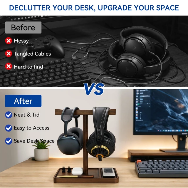 Alt view image 2 of 7 - Dual Headphone Stand for Desk, Walnut Wood Headset Holder with Storage Base | Easy Install, Solid Walnut, Holds 2 Headsets, Stable Anti-Tip Base, Fits for All Headsets, Desk Holder for Gaming & Office