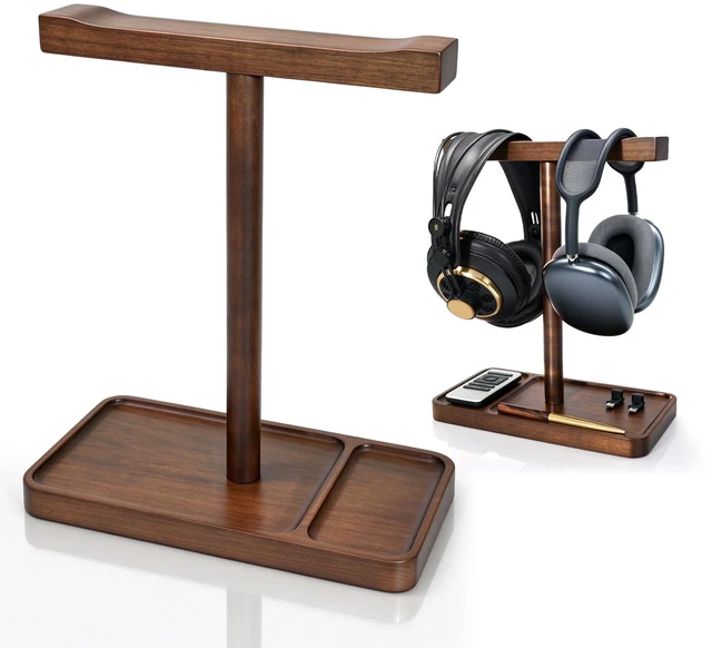 Main image of Dual Headphone Stand for Desk, Walnut Wood Headset Holder with Storage Base | Easy Install, Solid Walnut, Holds 2 Headsets, Stable Anti-Tip Base, Fits for All Headsets, Desk Holder for Gaming & Office