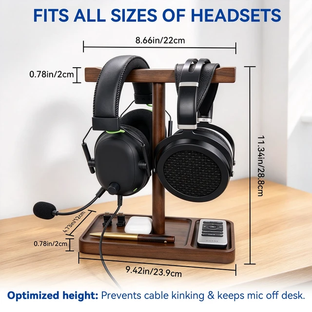 Alt view image 4 of 7 - Dual Headphone Stand for Desk, Walnut Wood Headset Holder with Storage Base | Easy Install, Solid Walnut, Holds 2 Headsets, Stable Anti-Tip Base, Fits for All Headsets, Desk Holder for Gaming & Office