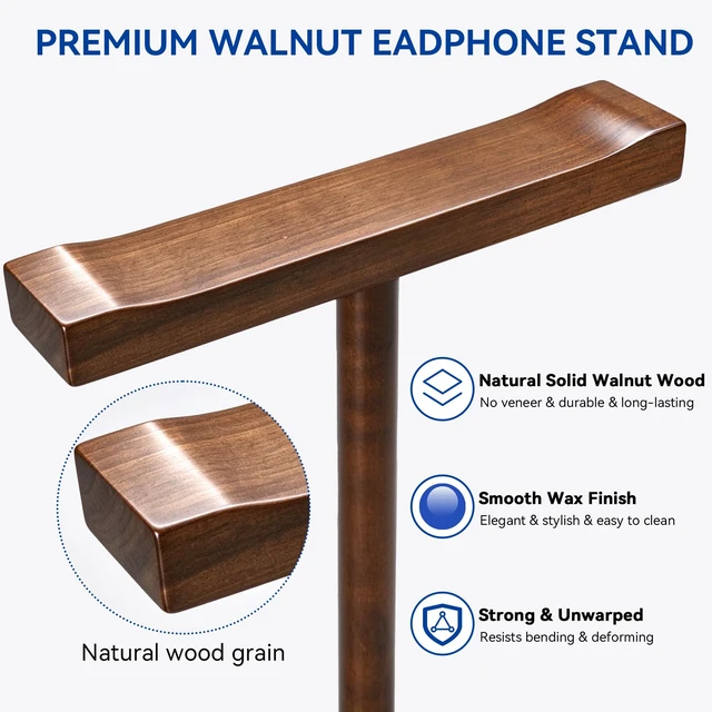 Alt view image 5 of 7 - Dual Headphone Stand for Desk, Walnut Wood Headset Holder with Storage Base | Easy Install, Solid Walnut, Holds 2 Headsets, Stable Anti-Tip Base, Fits for All Headsets, Desk Holder for Gaming & Office