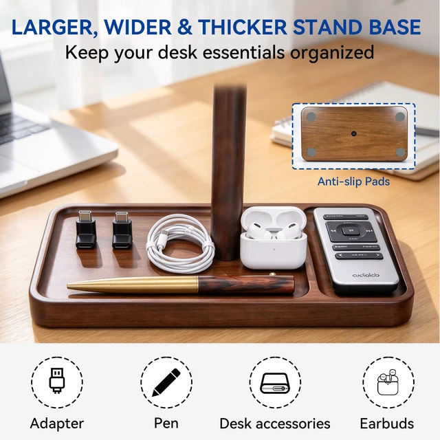 Alt view image 6 of 7 - Dual Headphone Stand for Desk, Walnut Wood Headset Holder with Storage Base | Easy Install, Solid Walnut, Holds 2 Headsets, Stable Anti-Tip Base, Fits for All Headsets, Desk Holder for Gaming & Office